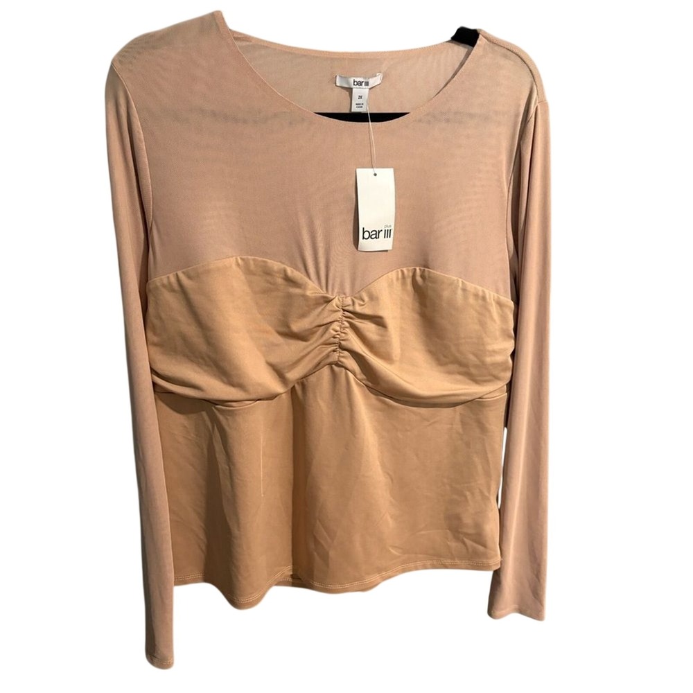 Bar III Tan Mesh‎ Bustier Top Womens 2X Latte Cafe Sheer Long Sleeve Blouse